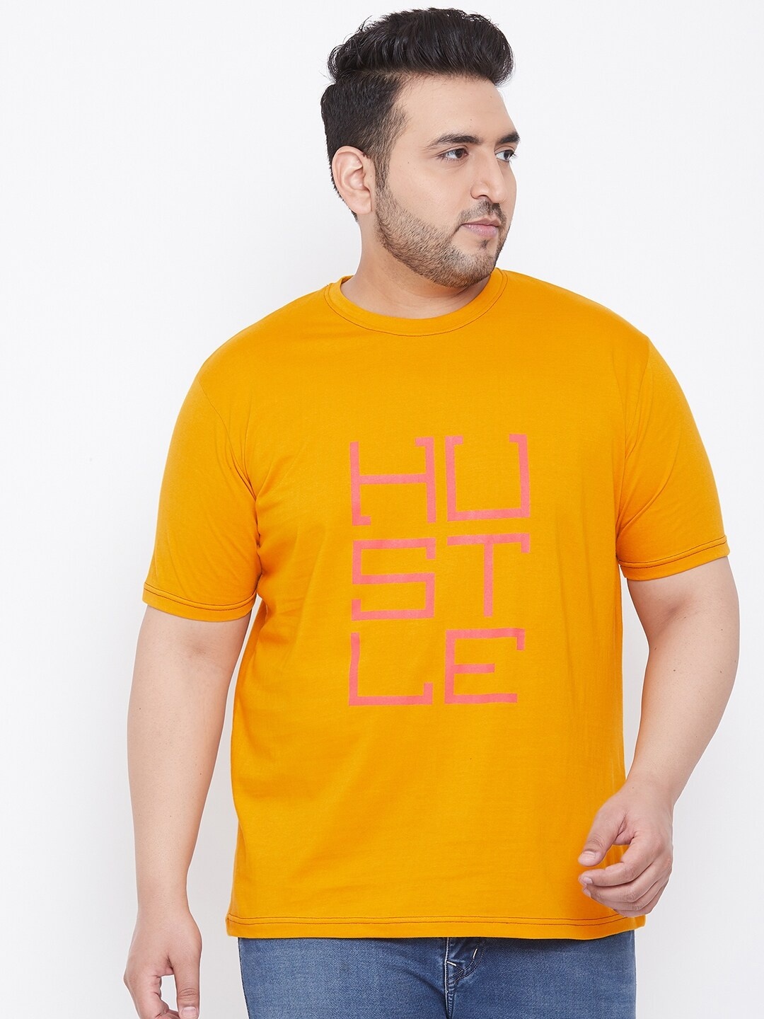 

bigbanana Men Plus Size Orange & Pink Pure Cotton Printed Round Neck T-shirt