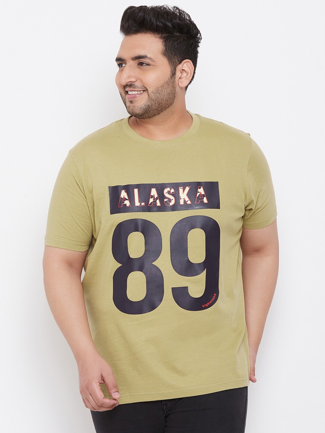 

bigbanana Men Plus Size Olive Green & Black Pure Cotton Printed Round Neck T-shirt
