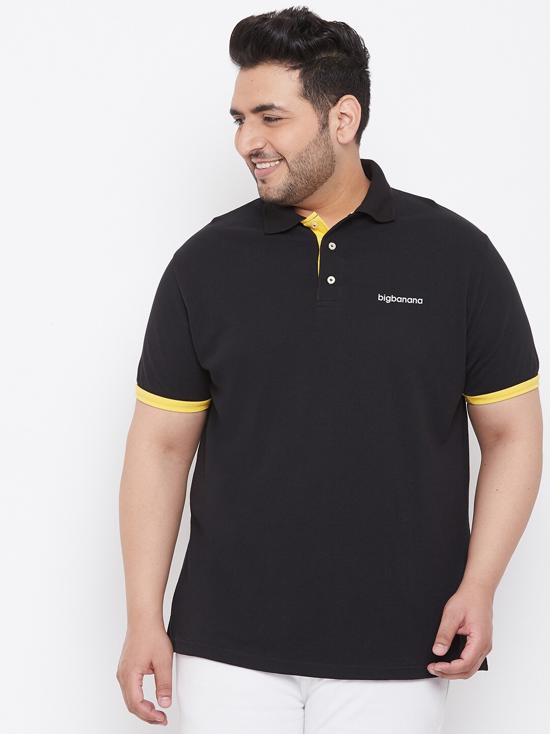 

bigbanana Men Plus Size Black Pure Cotton Solid Polo Collar T-shirt