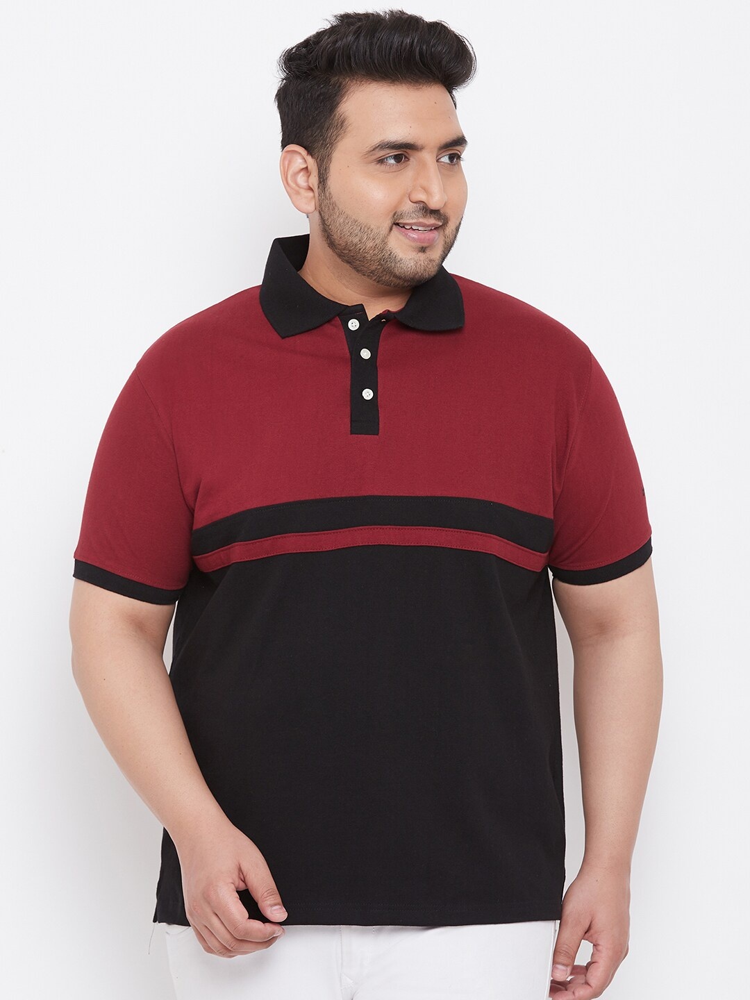 

bigbanana Men Maroon & Black Pure Cotton Colourblocked Polo Collar T-shirt
