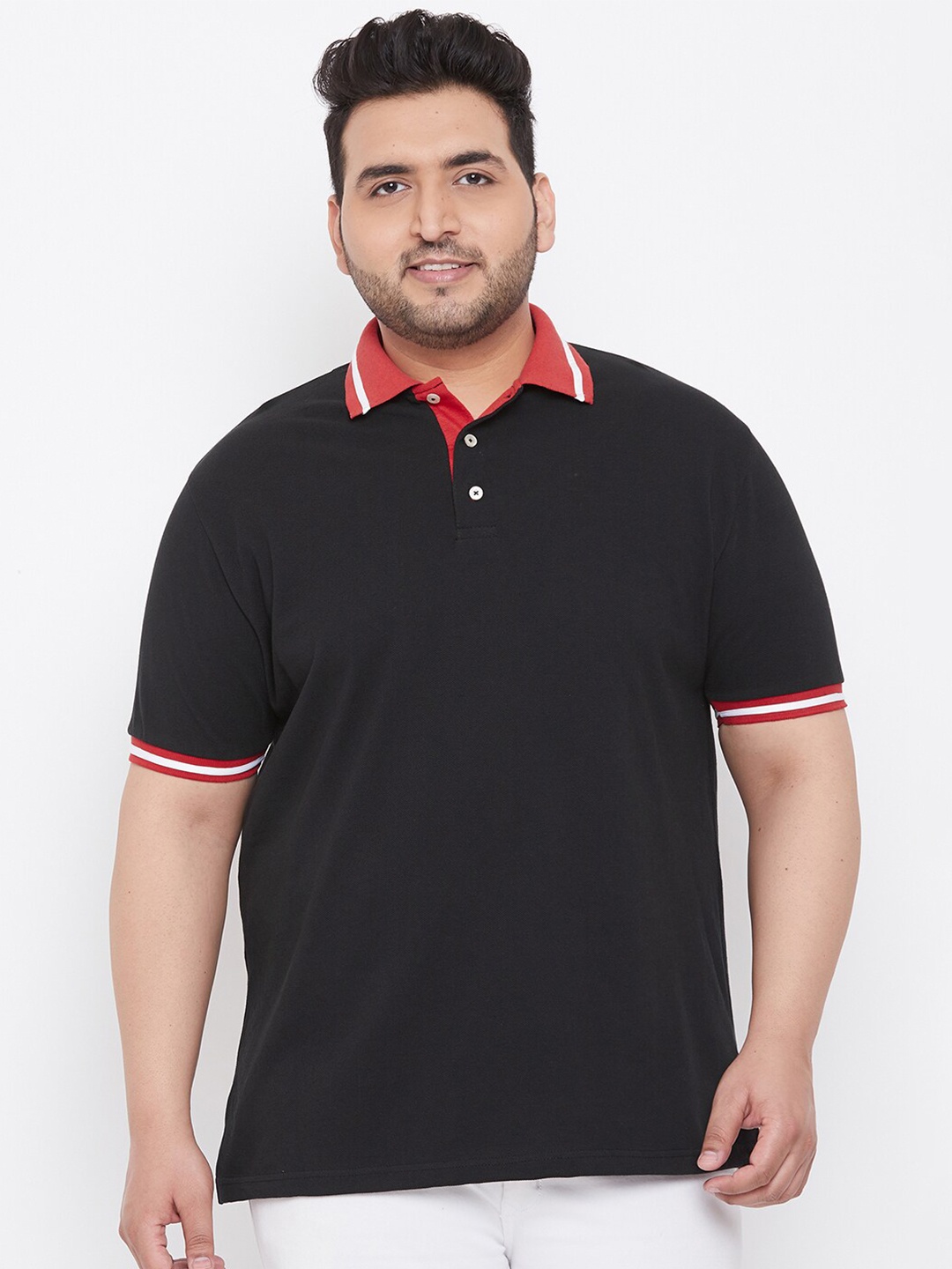 

bigbanana Men Plus Size Black Pure Cotton Solid Polo Collar T-shirt