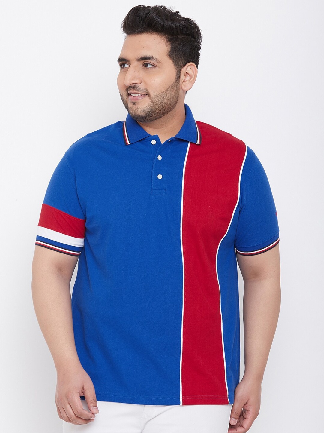 

bigbanana Men Blue & Red Pure Cotton Colourblocked Polo Collar T-shirt