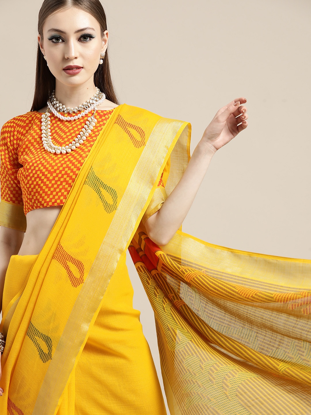 

Saree mall Solid Linen Blend Saree with Printed border, Yellow