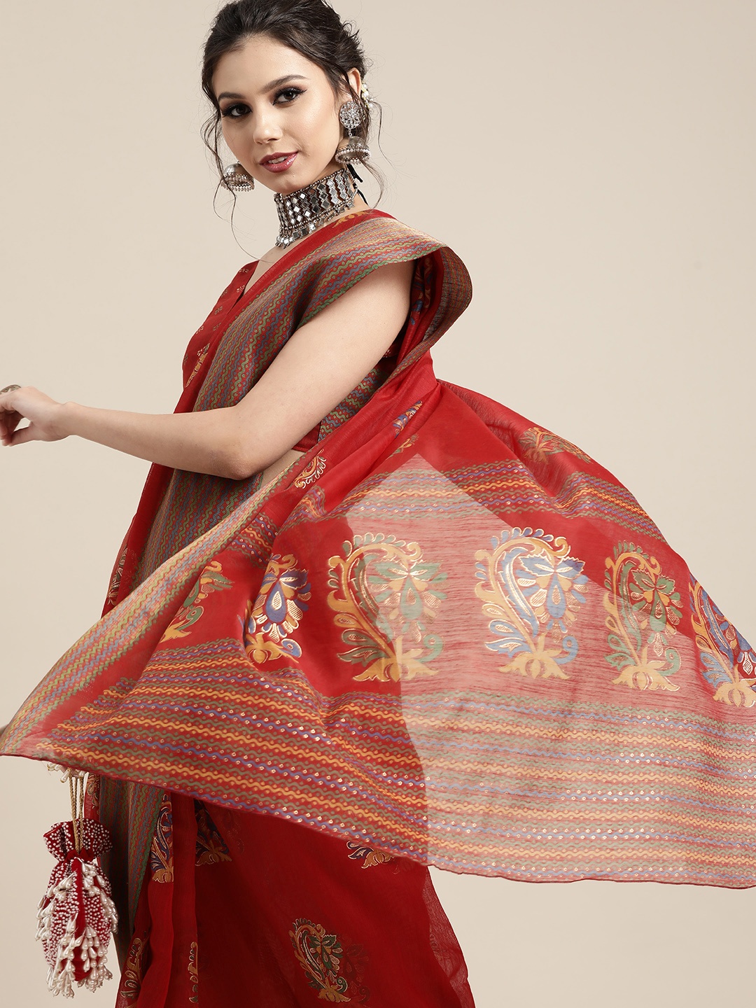 

Saree mall Ethnic Motifs Linen Blend Saree with Printed border, Red