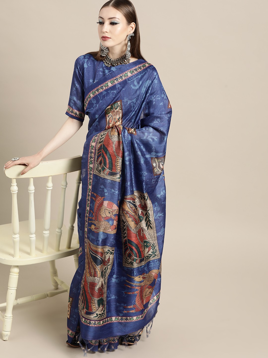 

Saree mall Ethnic Motifs Saree with Printed border, Blue