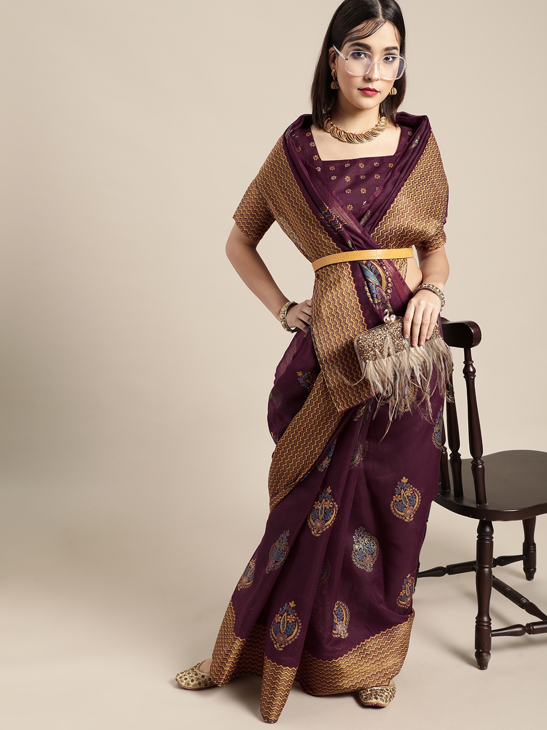 

Saree Mall Stylish Purple and Yellow Linen Blend Saree