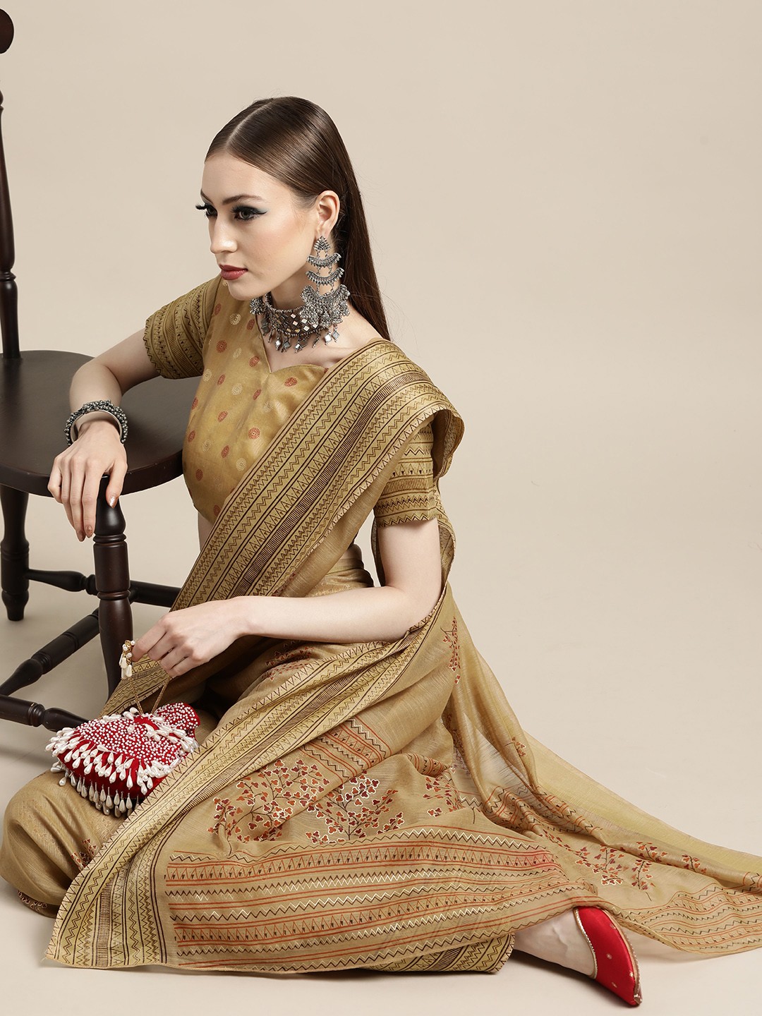 

Saree mall Ethnic Motifs Linen Blend Saree with Printed border, Beige