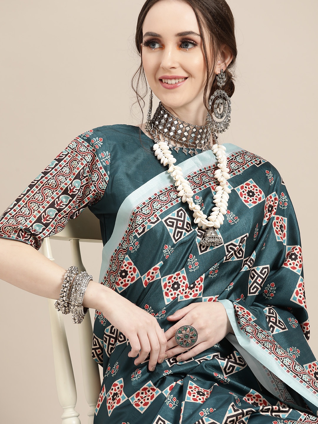 

Saree mall Ajrak Satin Saree with Printed border, Teal