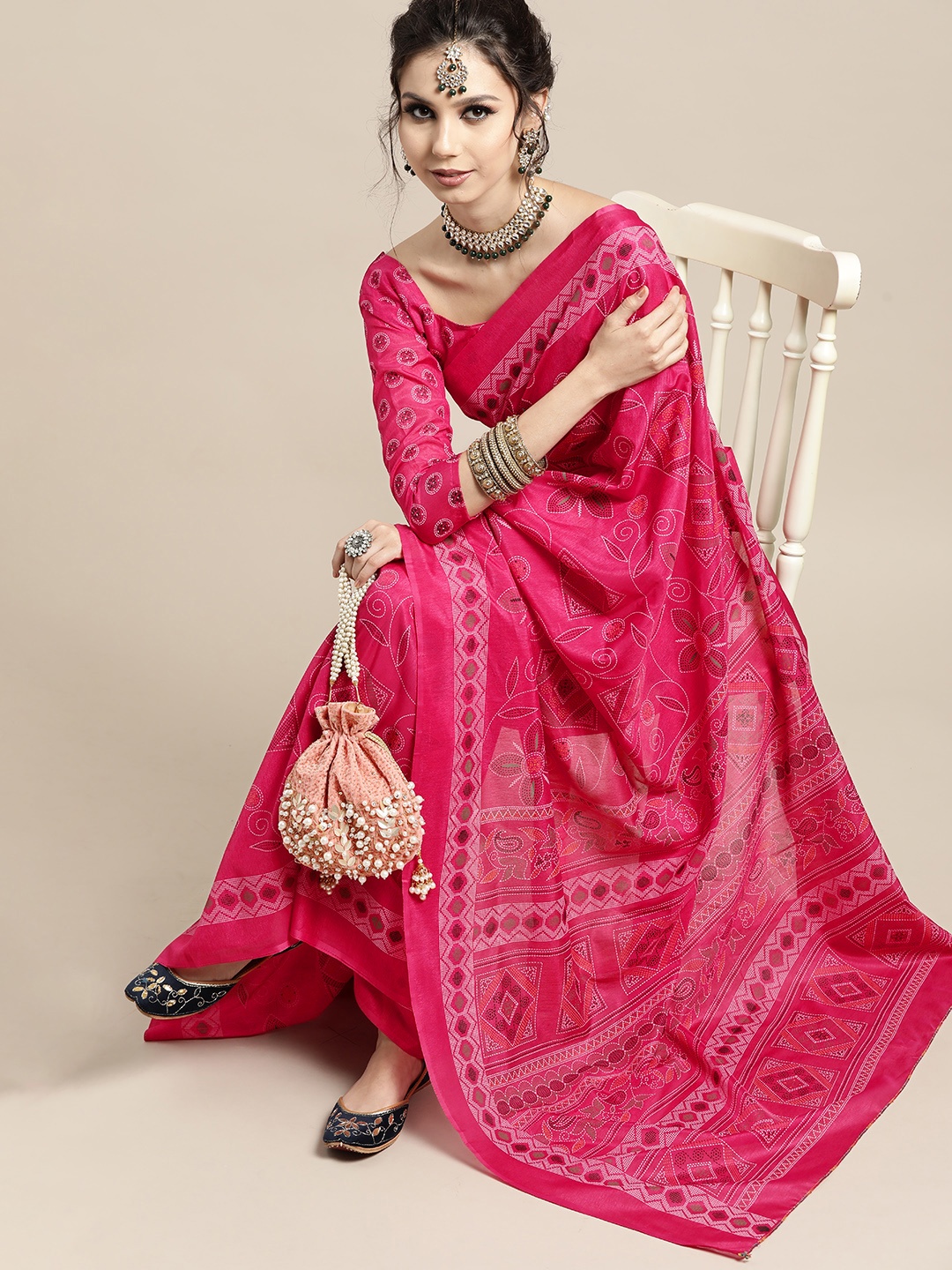 

Saree mall Floral Silk Blend Saree with Printed border, Pink