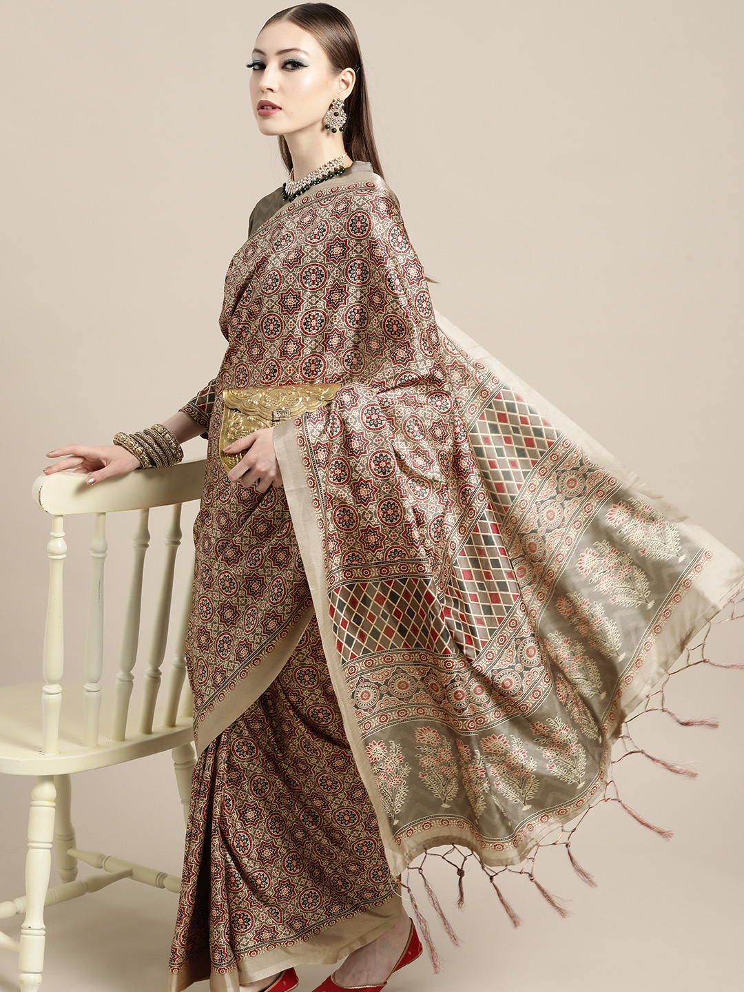 

Saree mall Ajrak Satin Saree with Printed border, Beige