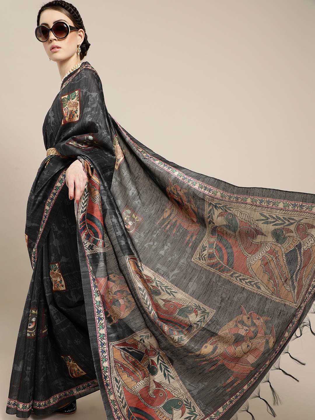 

Saree Mall Intense Charcoal and Beige Art Silk Saree