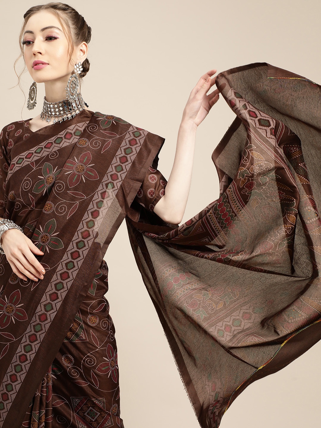

Saree Mall Classy Brown and Green Silk Blend Saree