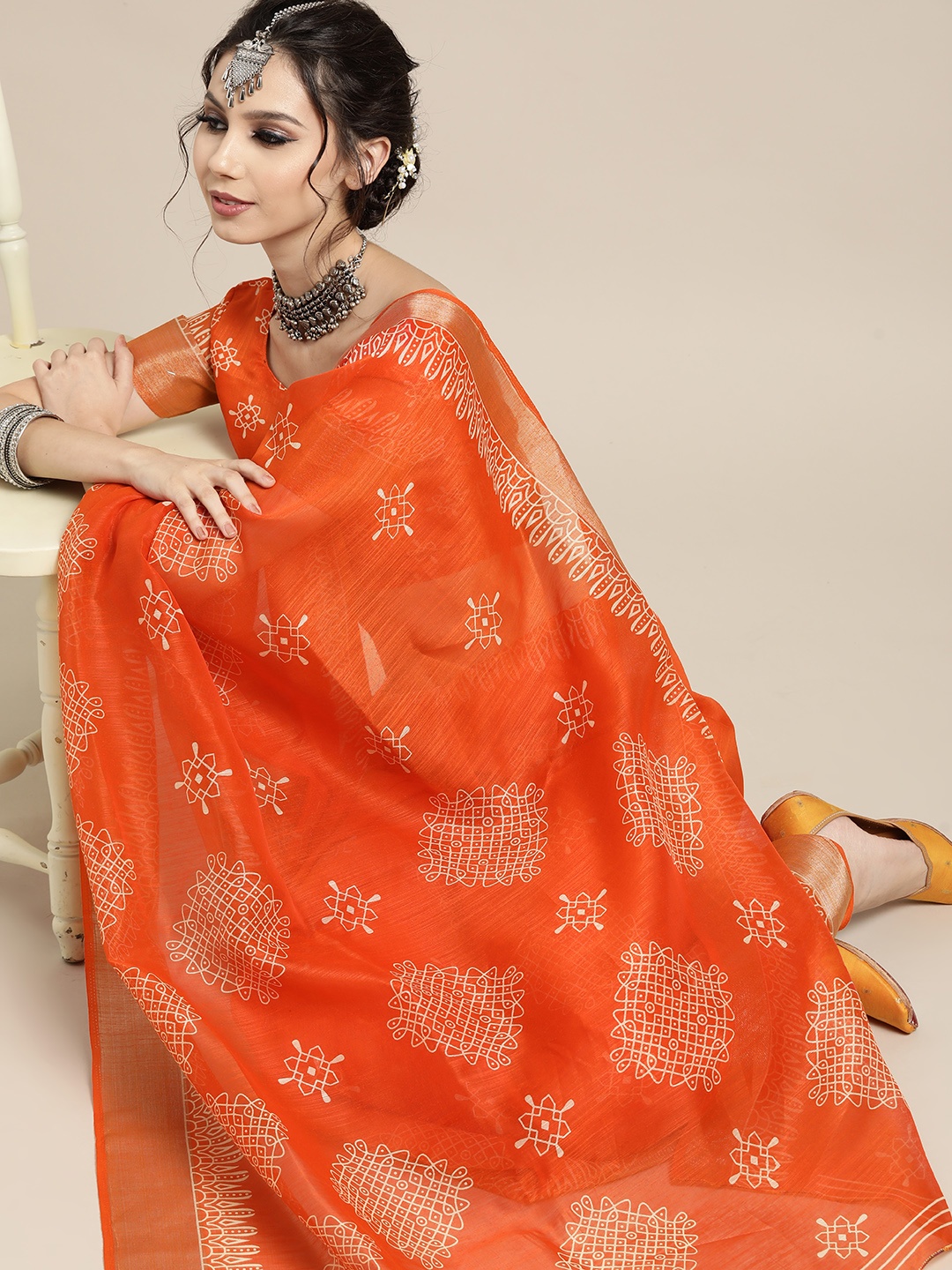 

Saree mall Ethnic Motifs Linen Blend Saree with Woven Design border, Orange