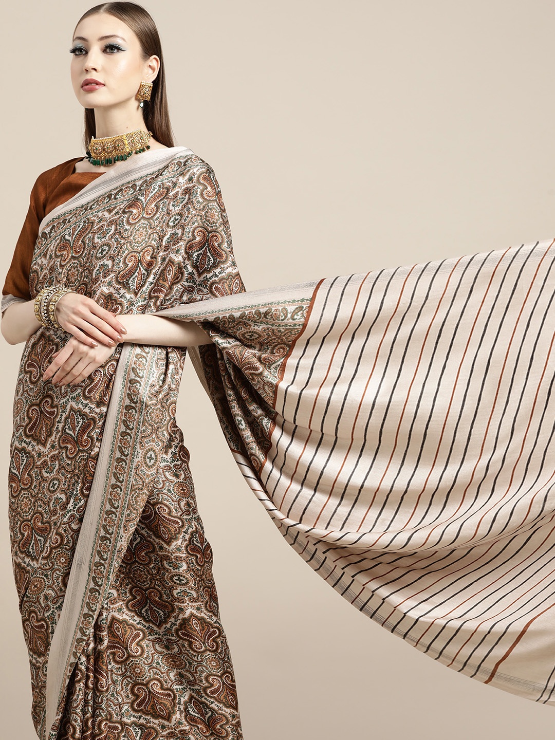 

Saree mall Cream-Coloured & Brown Paisley Printed Pashmina Silk Bagru Saree