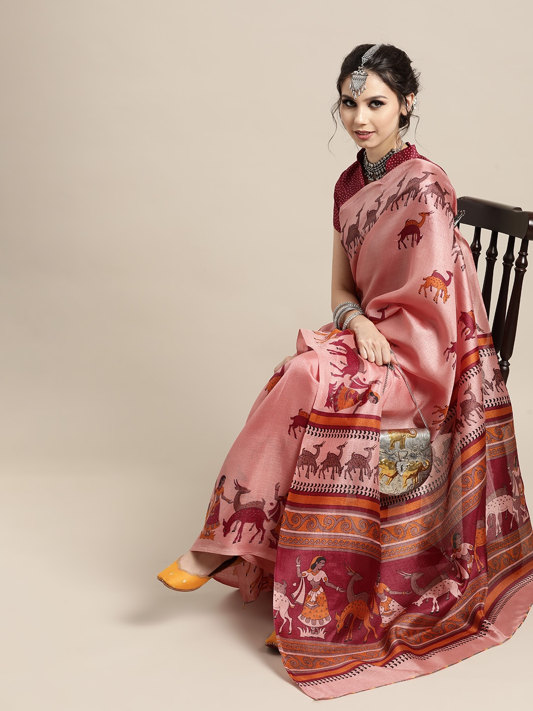 

Saree mall Ethnic Motifs Saree with Printed border, Pink