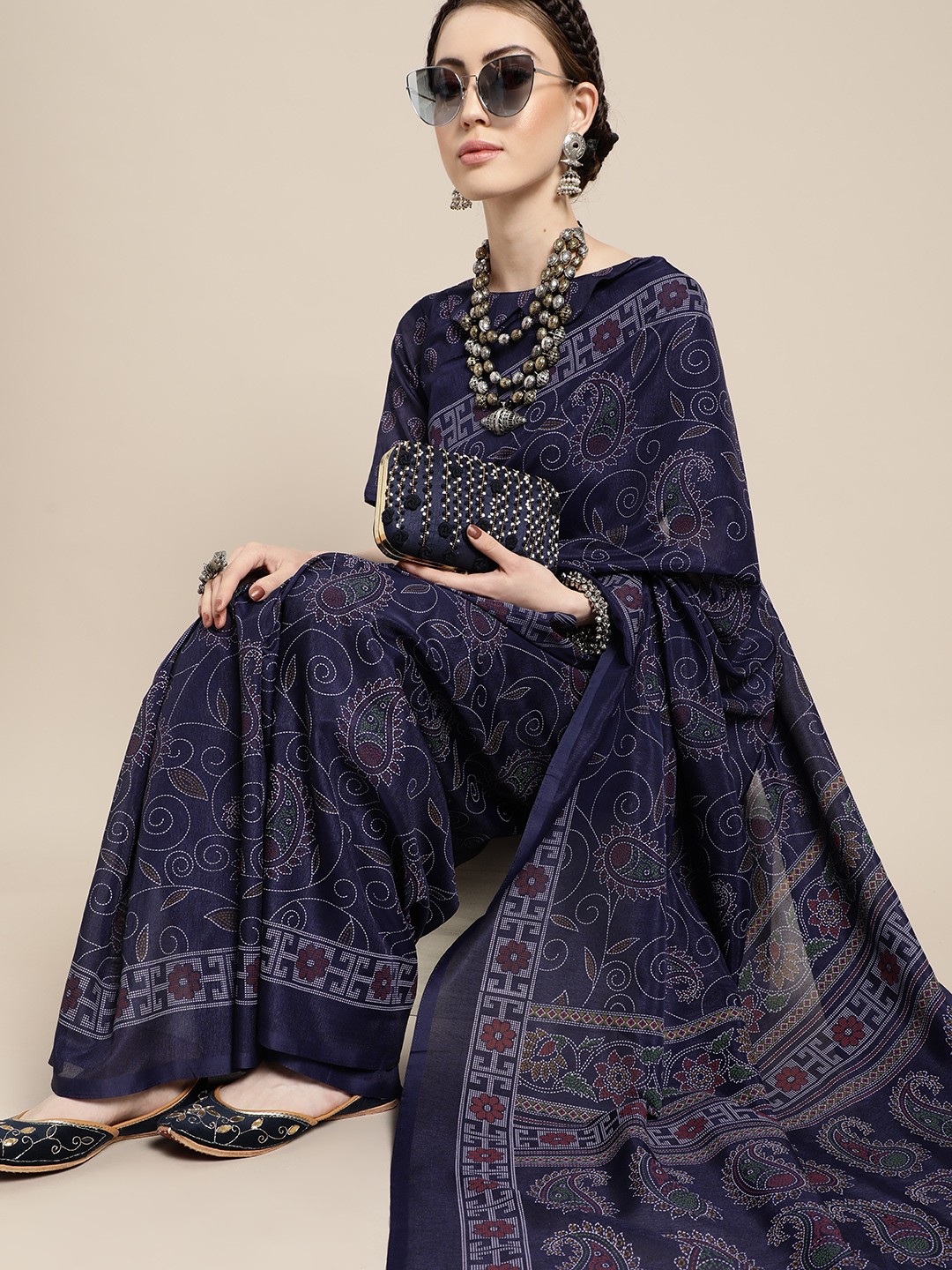 

Saree Mall Deep Navy Blue and White Silk Blend Saree