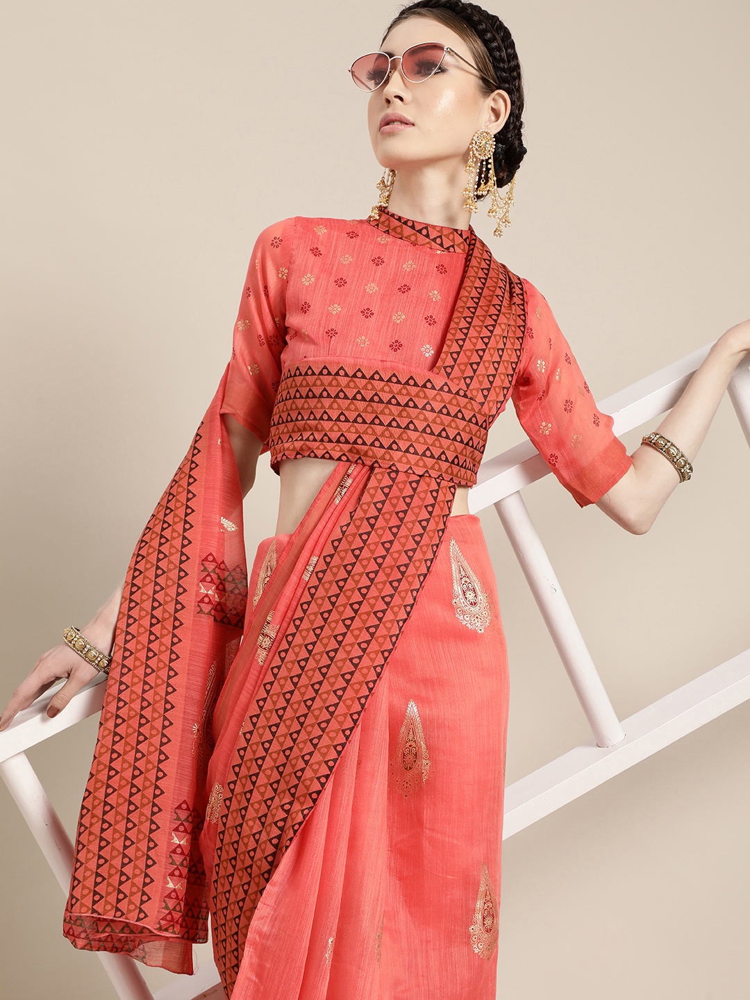 

Saree mall Ethnic Motifs Linen Blend Saree with Striped border, Peach