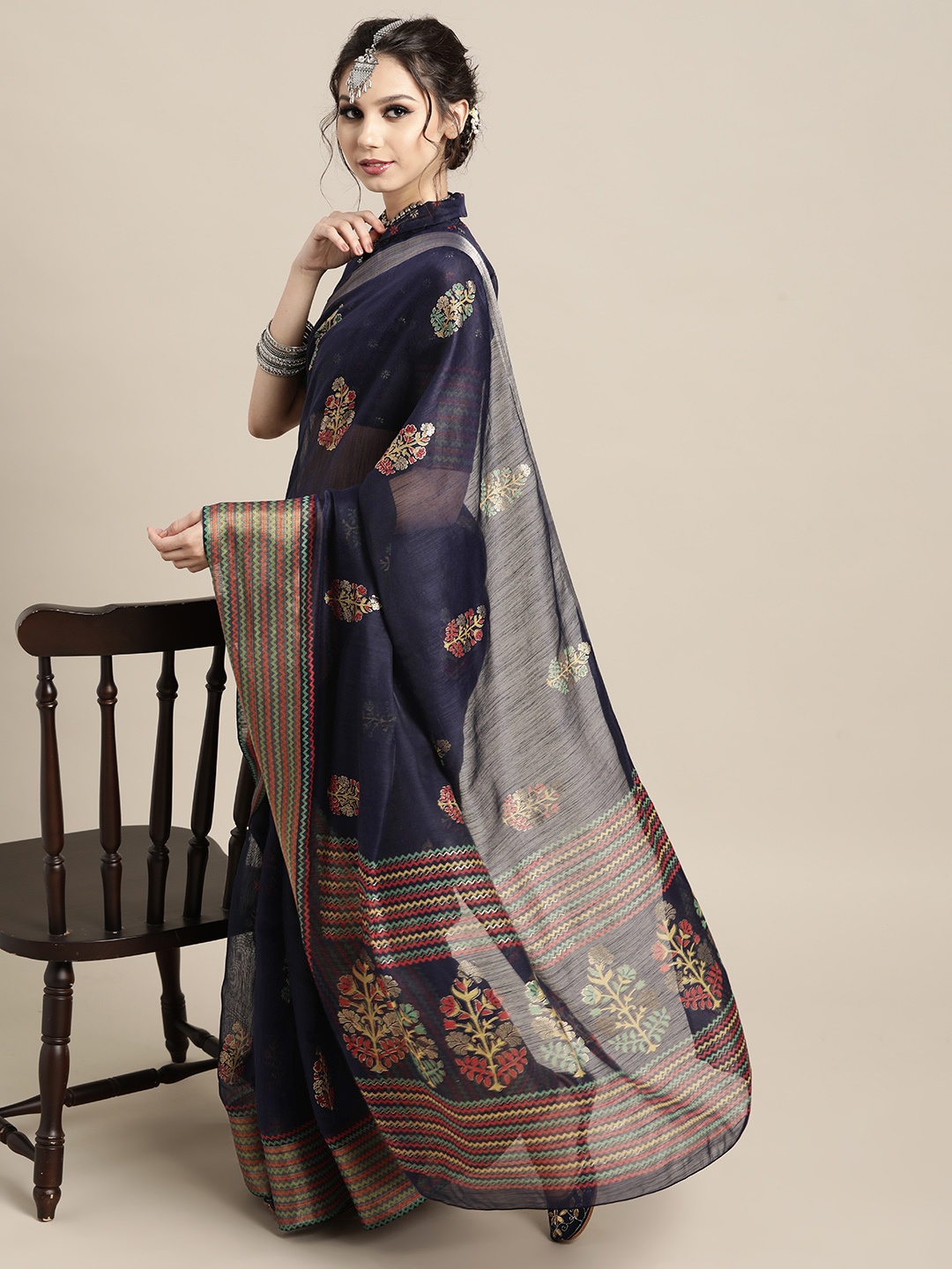

Saree mall Ethnic Motifs Linen Blend Saree with Sleek border, Navy blue