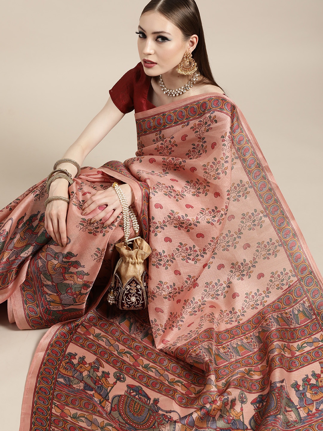 

Saree mall Ethnic Motifs Silk Blend Saree with Printed border, Pink