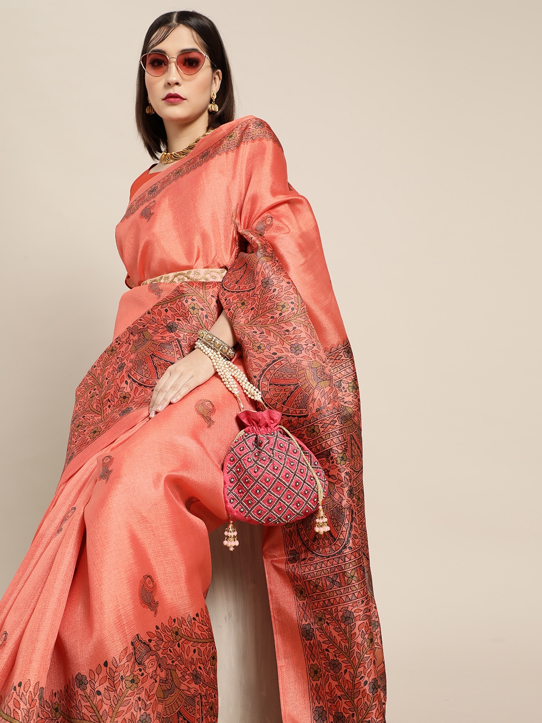 

Saree Mall Breezy Coral and Blue Silk Blend Saree
