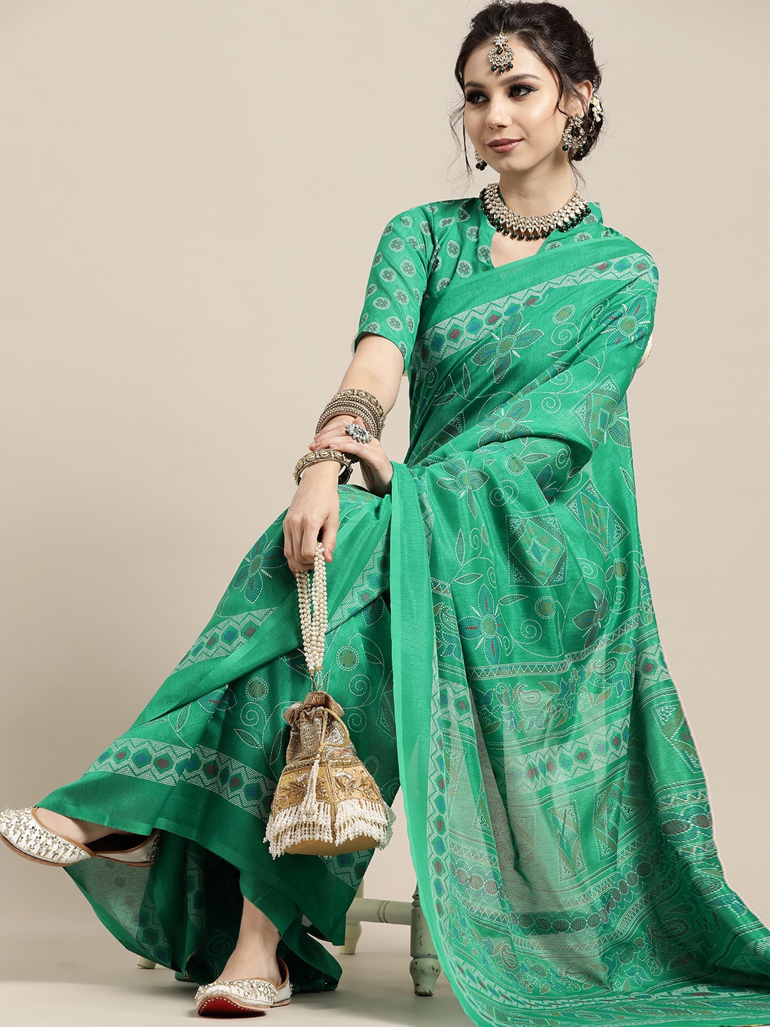 

Saree mall Ethnic Motifs Silk Blend Saree with Sleek border, Green