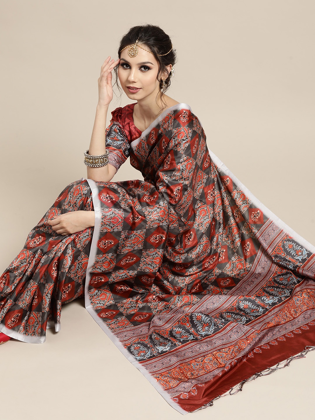 

Saree mall Ajrak Satin Saree with Printed border, Olive