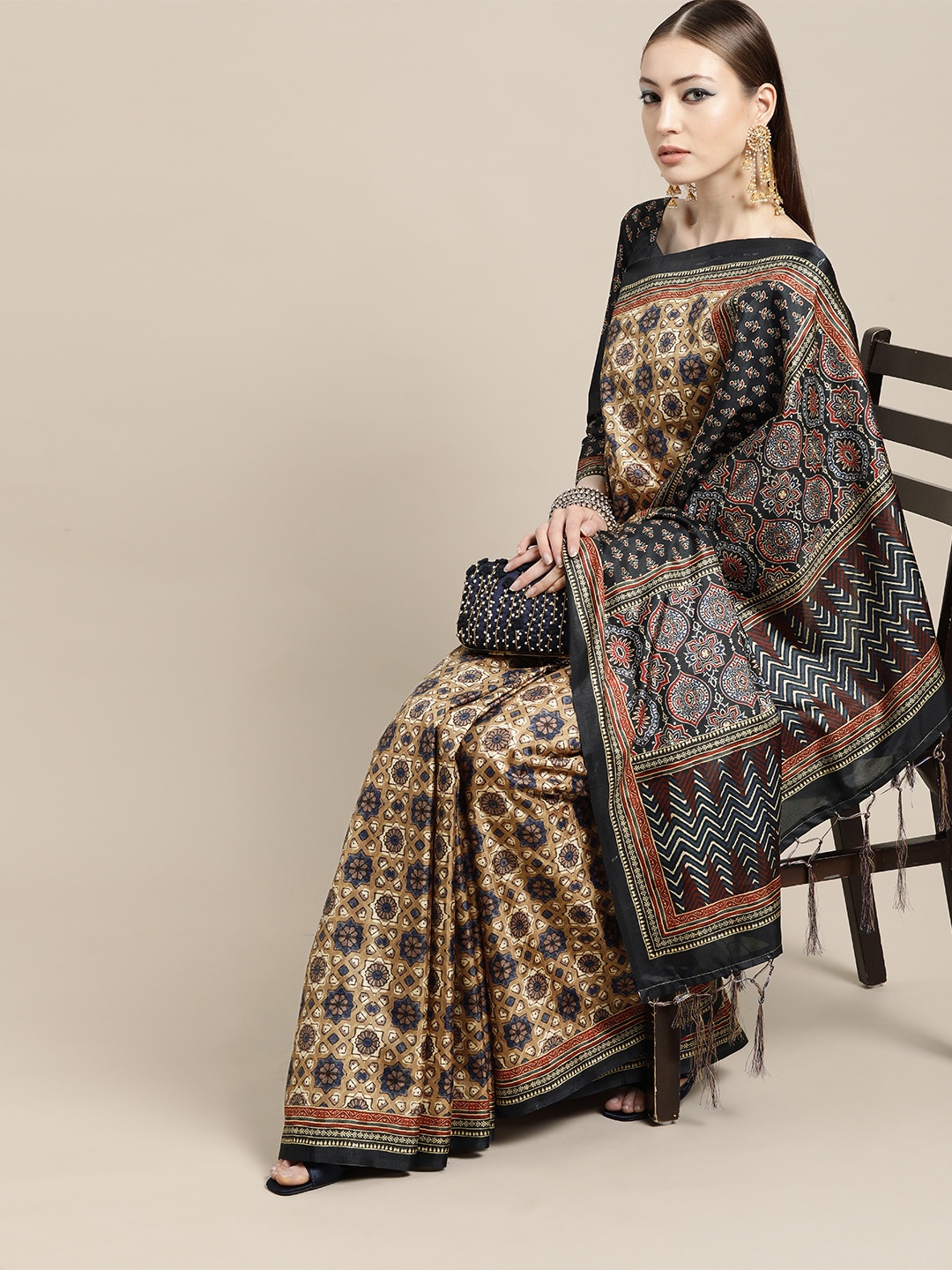 

Saree mall Ajrak Satin Saree with Printed border, Beige
