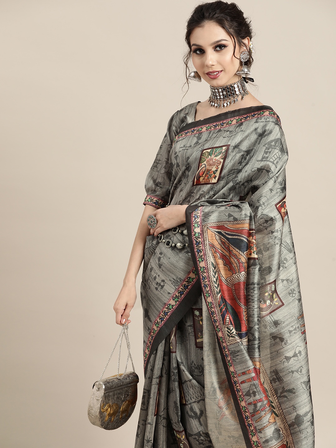 

Saree mall Ethnic Motifs Saree with Printed border, Grey