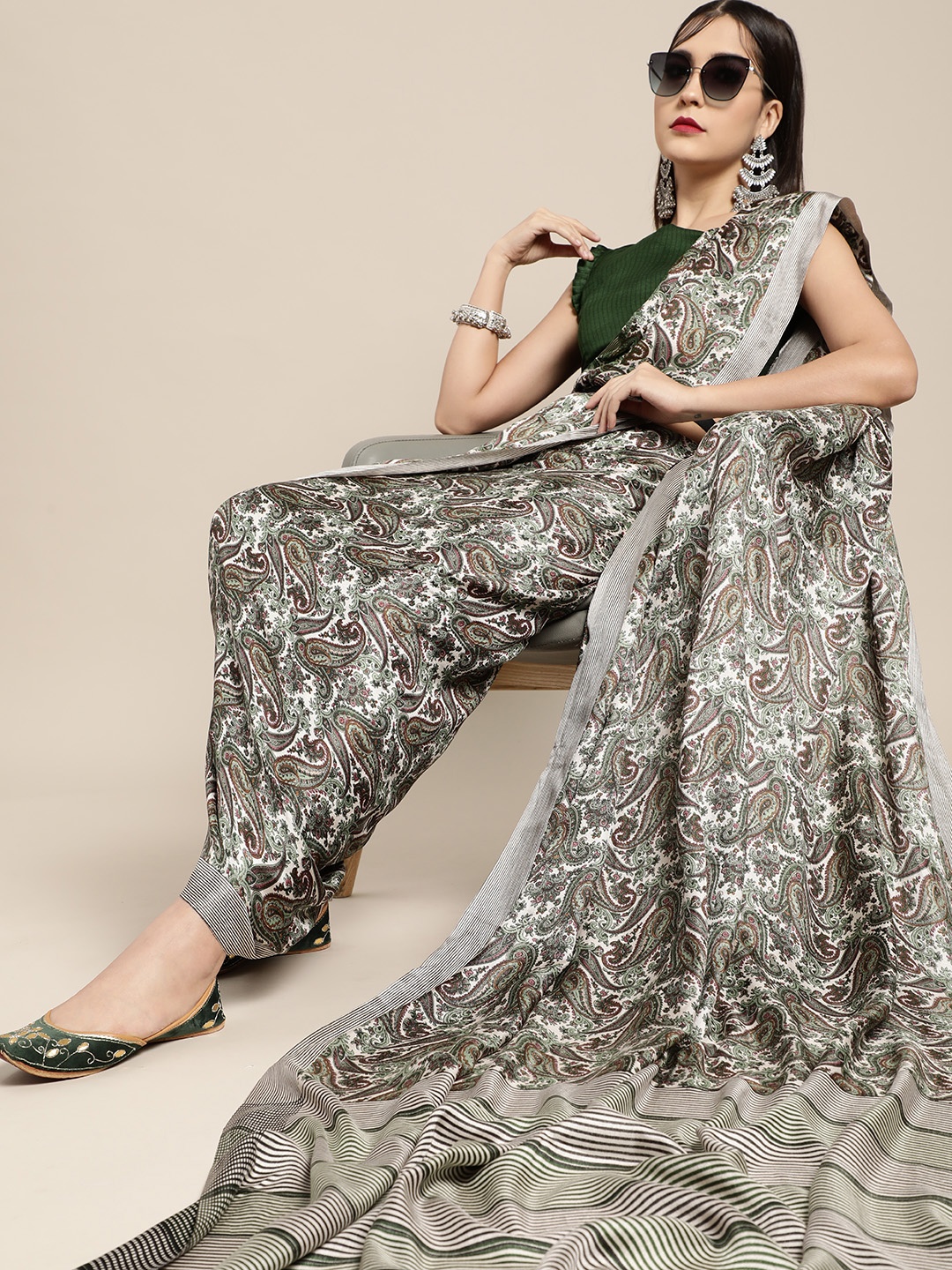

Saree mall Paisley Saree with Striped border, Off white