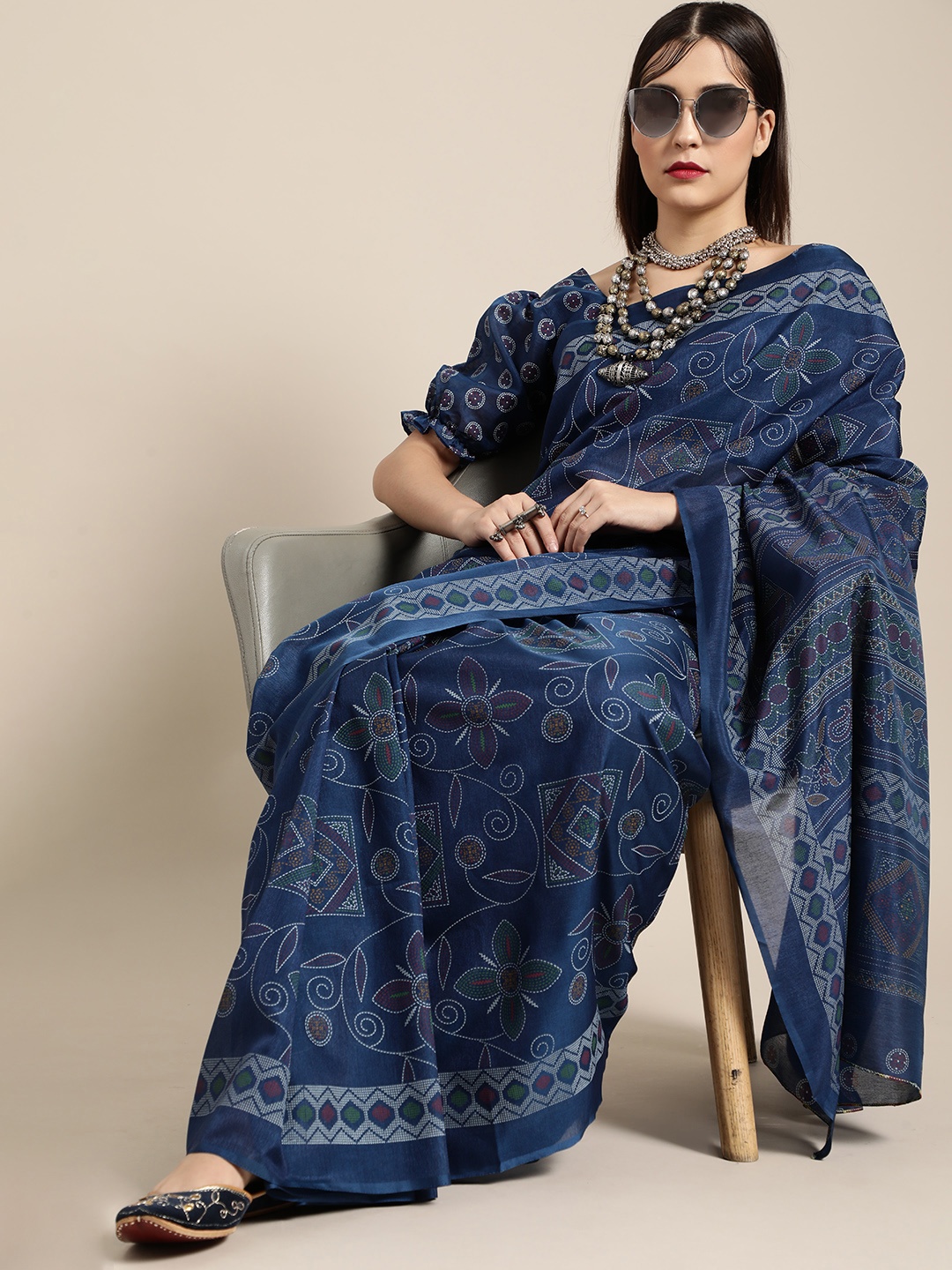 

Saree mall Ethnic Motifs Silk Blend Saree with Printed border, Blue