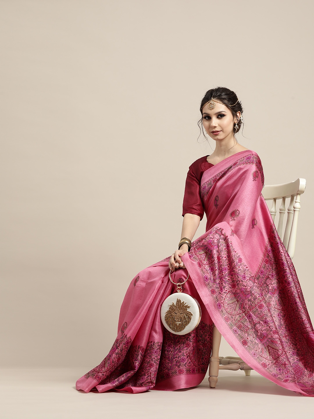 

Saree mall Ethnic Motifs Silk Blend Saree with Printed border, Pink
