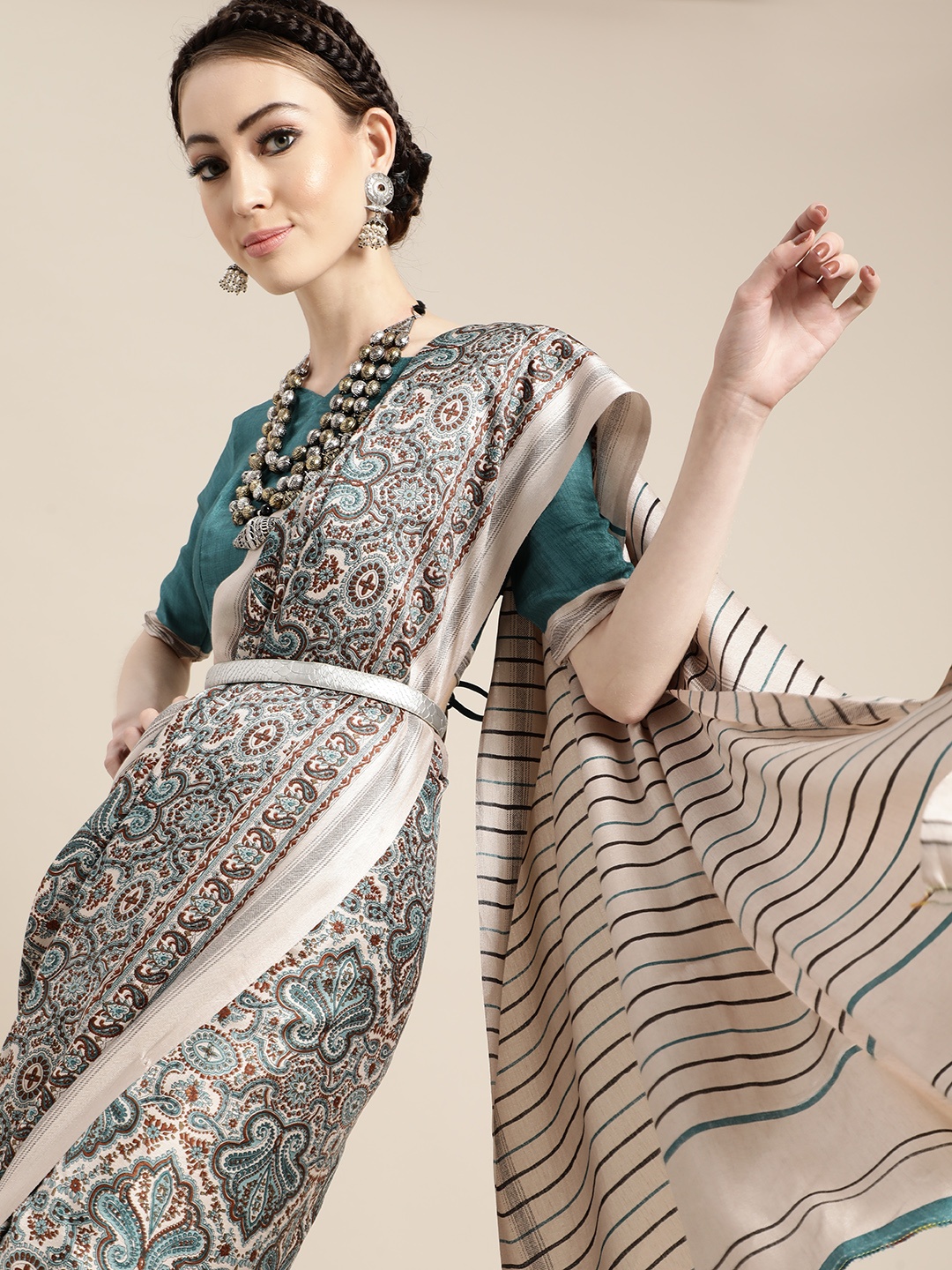 

Saree mall Ethnic Motifs Saree with Sleek border, Off white