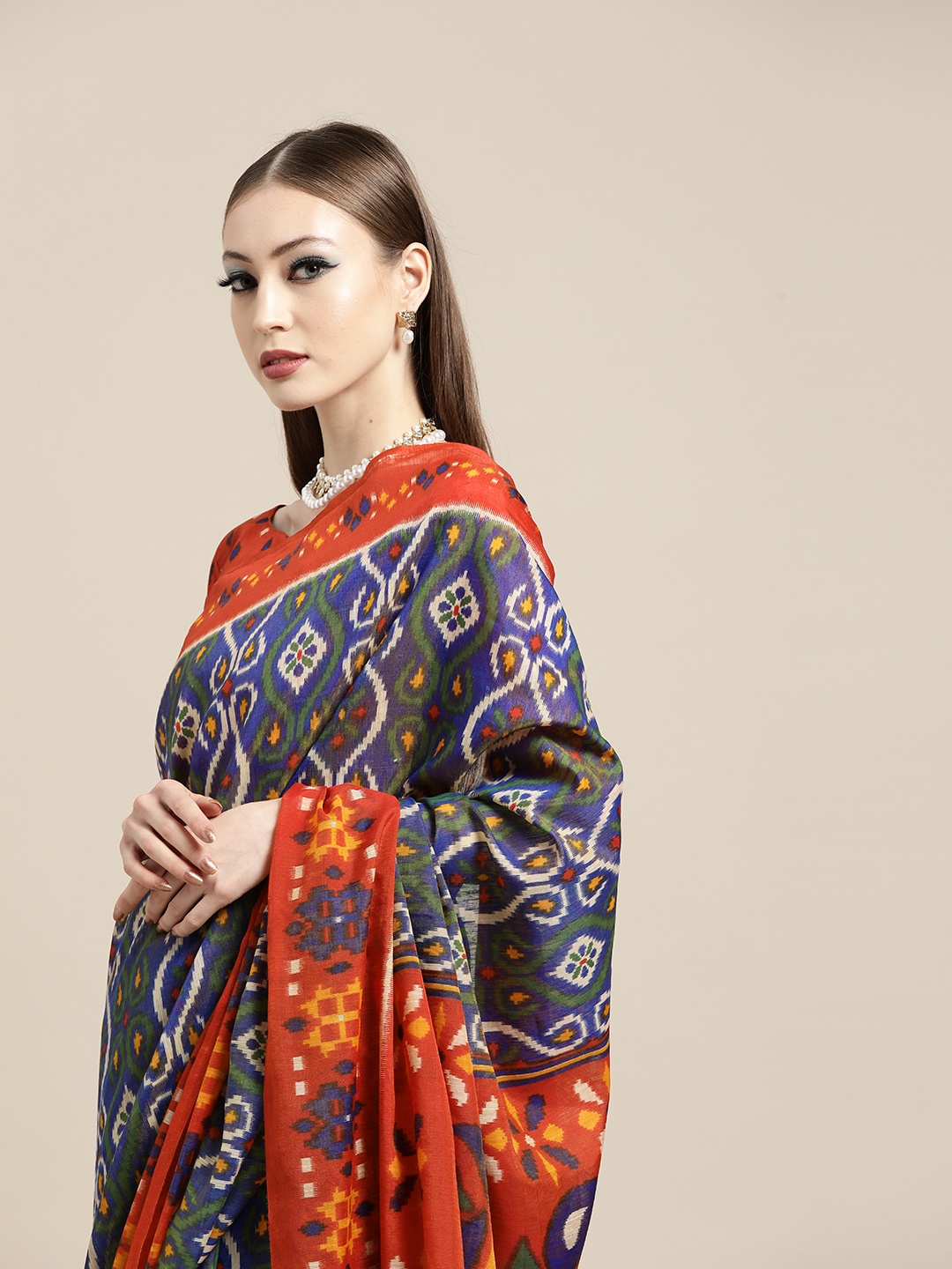 

Saree mall Geometric Silk Blend Saree with Printed border, Blue