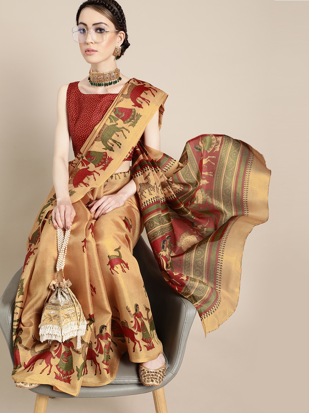 

Saree Mall Creamy Mustard and Red Art Silk Saree