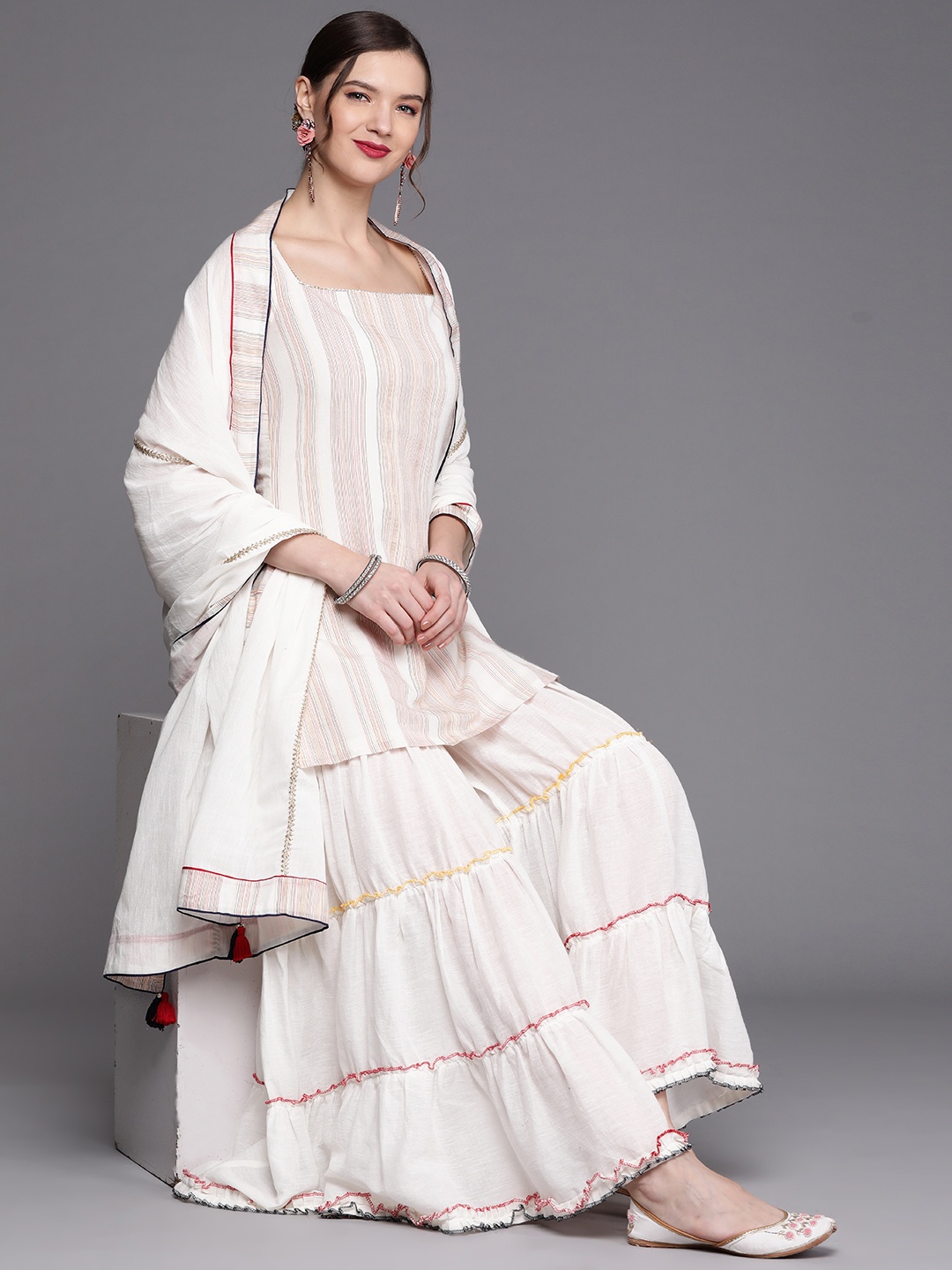 

Inddus Women White & Beige Striped Kurta with Sharara & Dupatta