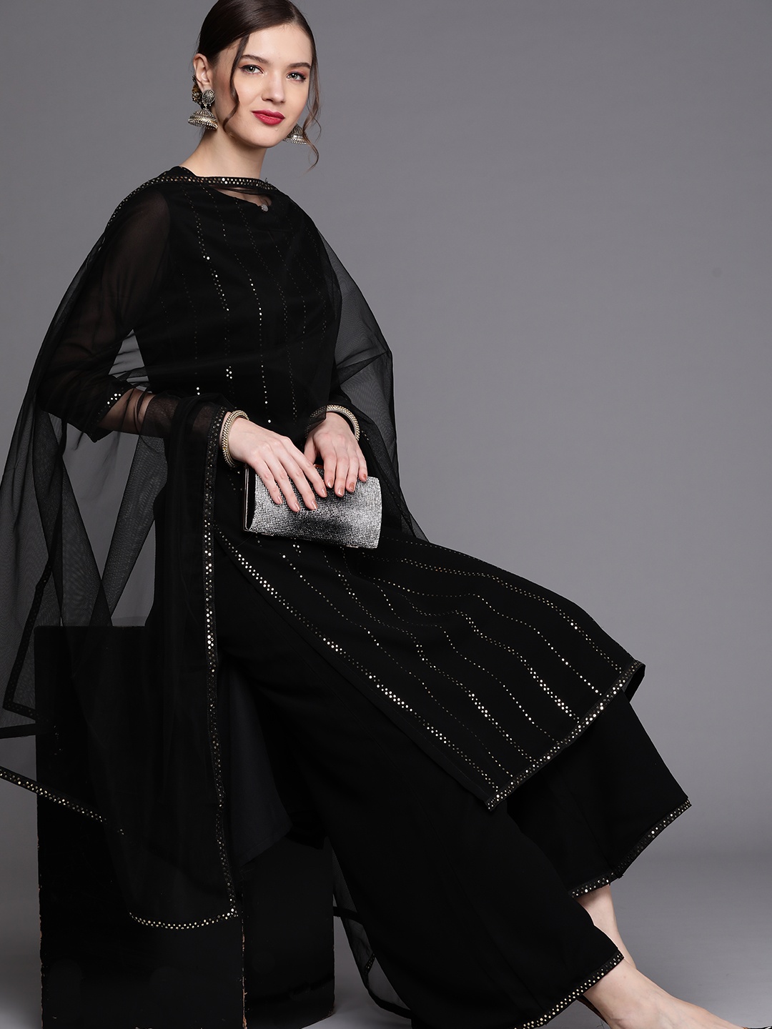 

Inddus Women Black Striped Embellished Straight Kurta with Palazzos & Dupatta