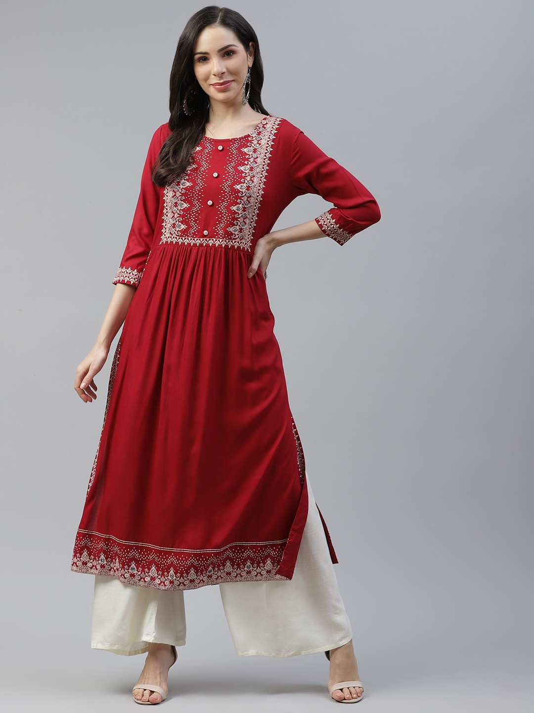 

Cayman Women Maroon & Beige Ethnic Motifs Yoke Design Kurta