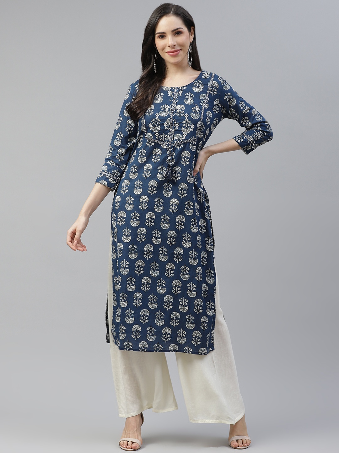 

Cayman Women Navy Blue & White Ethnic Motifs Printed Indigo Kurta