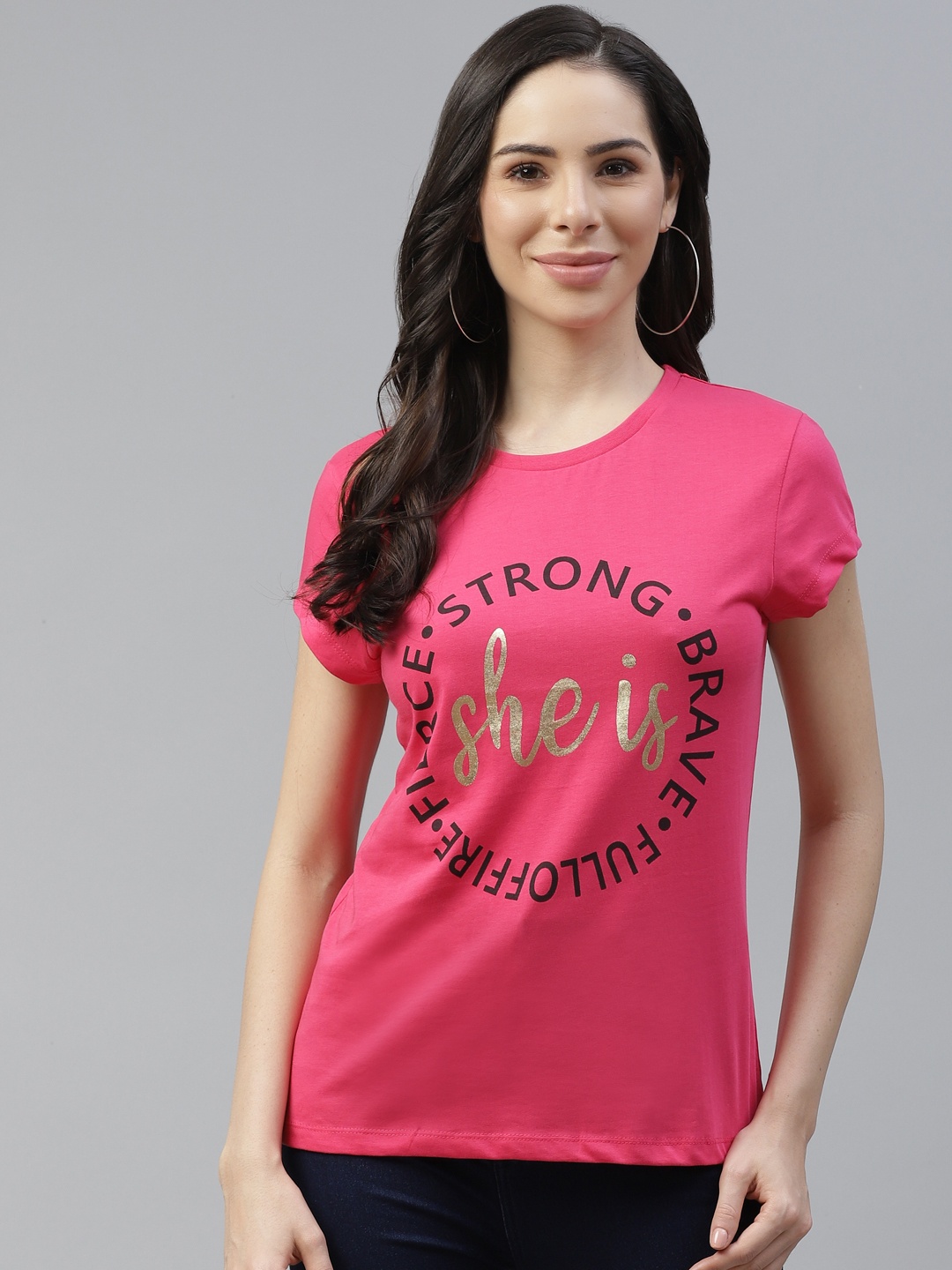 

Cayman Women Pink Black Typography Printed Pure Cotton T-shirt