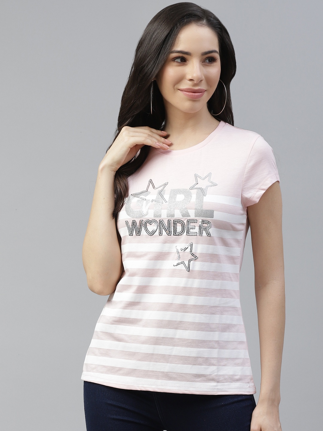 

Cayman Women Pink & White Cotton Striped Sequinned T-shirt