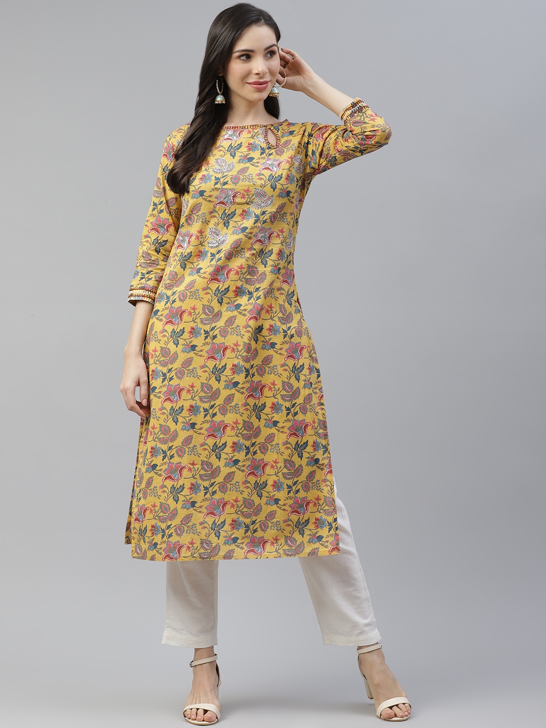 

Cayman Women Yellow & Green Floral Printed Thread Work Kurta