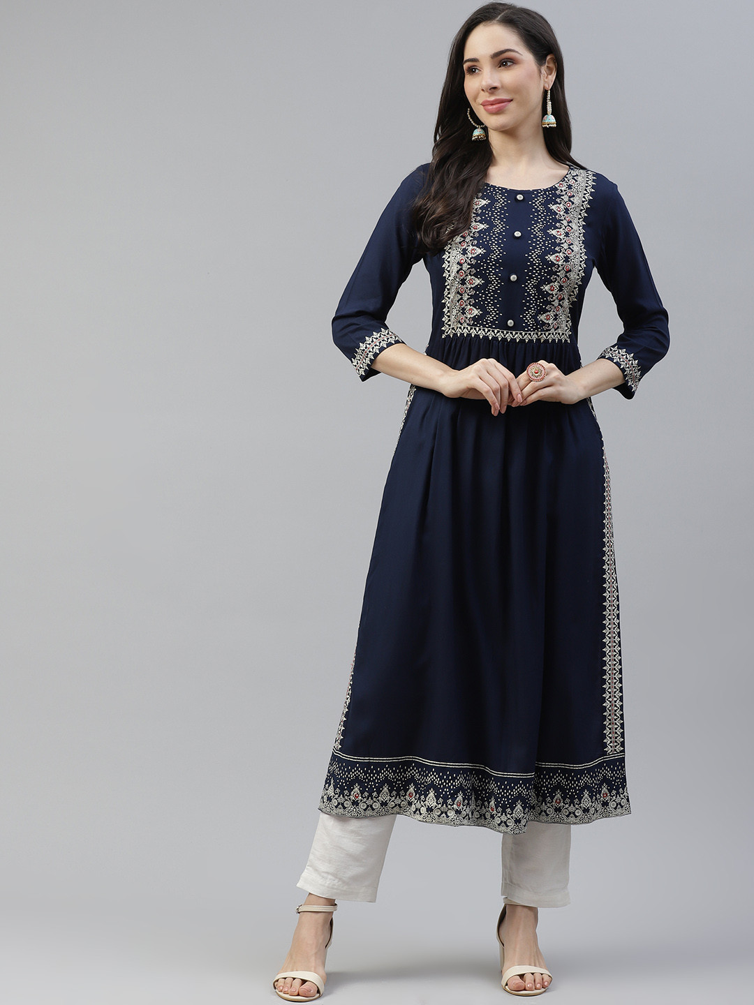 

Cayman Women Navy Blue & Off-White Ethnic Motifs Print Yoke Design Straight Kurta