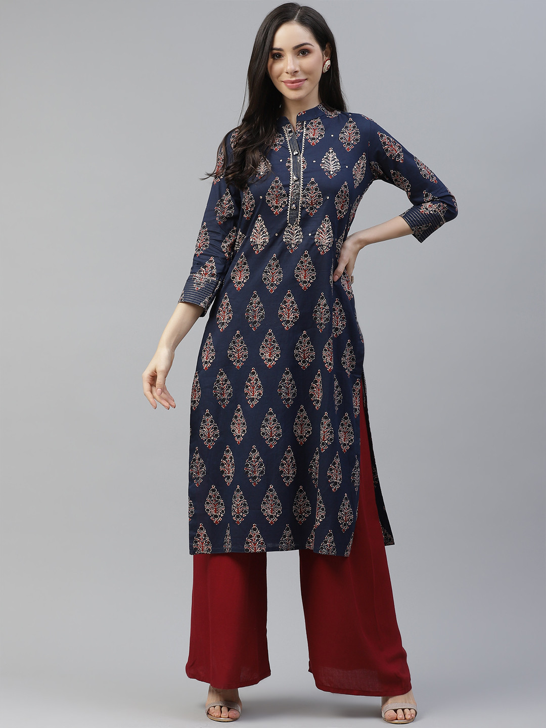 

Cayman Women Navy Blue & Maroon Ethnic Motifs Printed Thread Work Kurta