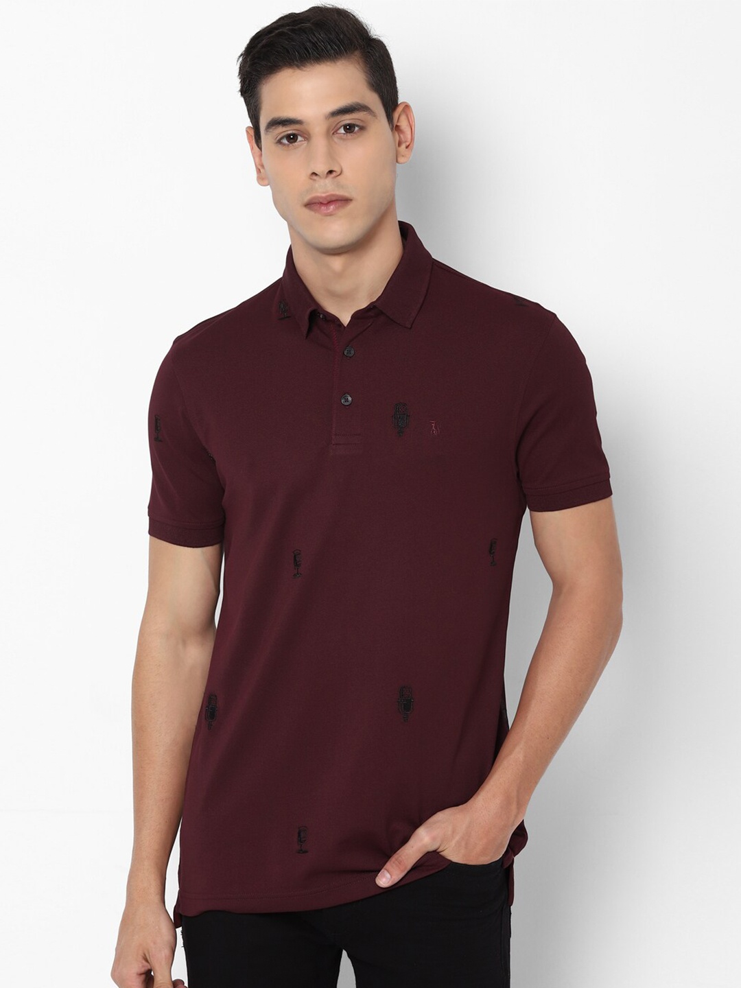 

SIMON CARTER LONDON Men Maroon & Black Embroidered Polo Collar T-shirt