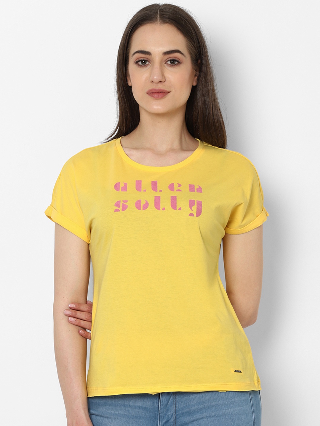 

Allen Solly Woman Yellow Pink Typography Printed Pure Cotton T-shirt