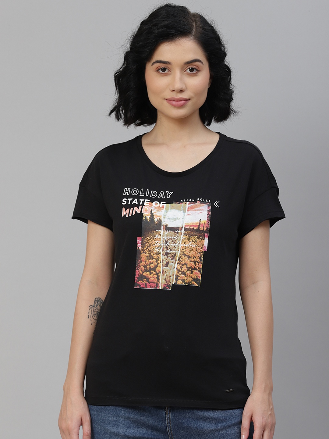 

Allen Solly Woman Women Black & White Pure Cotton Graphic Print T-shirt
