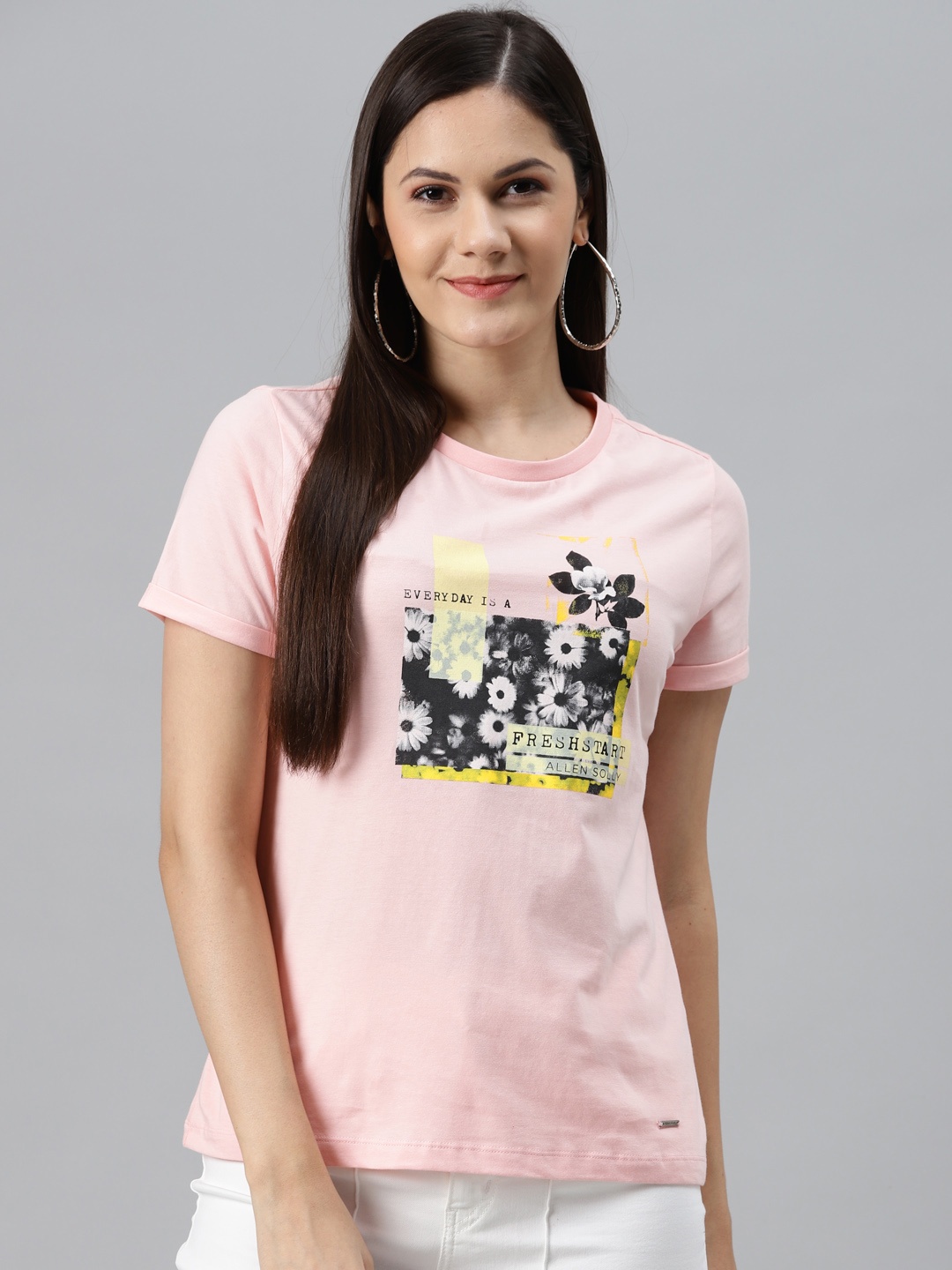 

Allen Solly Woman Pink & Black Floral Printed Slim Fit T-shirt