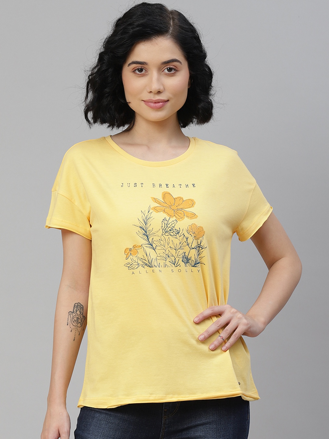 

Allen Solly Woman Women Yellow Pure Cotton Floral Print Drop-Shoulder Sleeves T-shirt