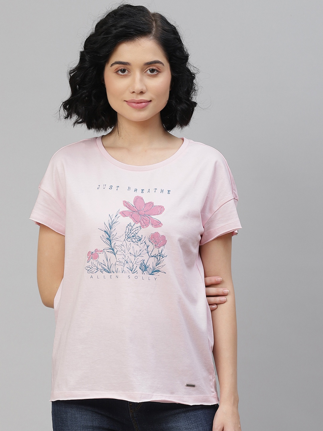 

Allen Solly Woman Pink Pure Cotton Floral Print Drop-Shoulder Sleeves T-shirt