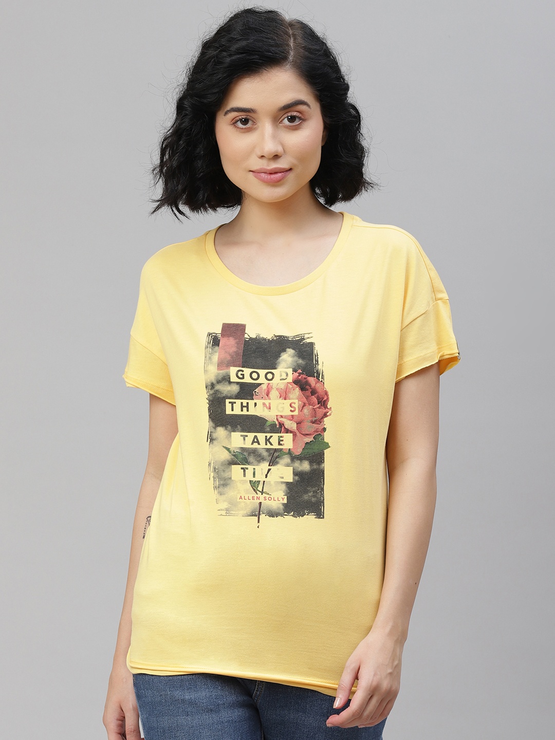 

Allen Solly Woman Yellow & Charcoal Grey Pure Cotton Floral Print T-shirt